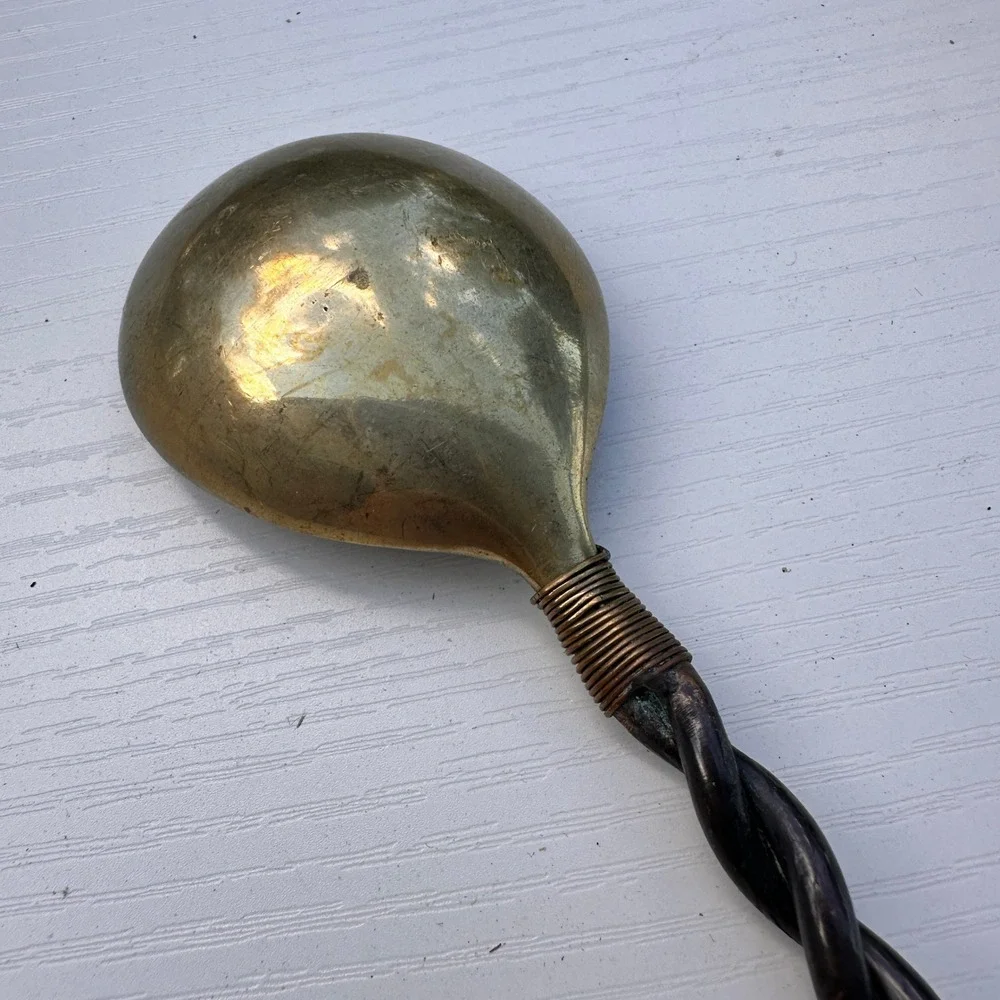 Vintage Brass and Wrought Iron Serving Spoon Hand Forged Twisted Handle 9 Inch